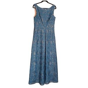 Kay Unger Mckenna Pleat Lace long sleeveless Gown teal nude #5989083 Sz 12